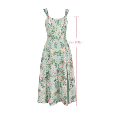 Green Lace Up Floral Print Elegant Dress