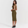 Elegant Office Lady  Knee Length Midi Dress Olive Green One Piece