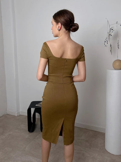 Elegant Office Lady  Knee Length Midi Dress Olive Green One Piece