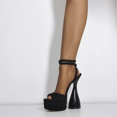 Women Peep Toe Sandals Black Flock Platform Ankle Strap High Heel Shoes