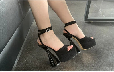 Women Peep Toe Sandals Black Flock Platform Ankle Strap High Heel Shoes