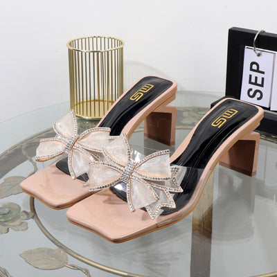 Women's bow gauze elegant fashion slippers square heel diamond transparent sandals