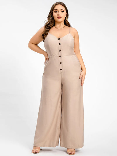 Plus Sized Jumpsuit with Pockets Sexy Button Front V-neck Cami  One Piece