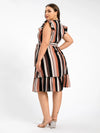 Women Fashion  Striped Colorblock Print Drawstring Ruffles Ruched High Slit Detail Dress