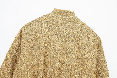 Women Fashion Shiny Sequin Jacket Y2k Gold Color Stand Collar