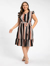 Women Fashion  Striped Colorblock Print Drawstring Ruffles Ruched High Slit Detail Dress
