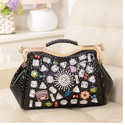 Genuine Leather Bag For Women Handbags Fashion Lady Diamond Colorful Crystals Handbag