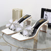 Women's bow gauze elegant fashion slippers square heel diamond transparent sandals