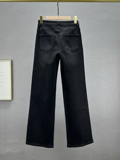 Women's Jeans High Waist Black Full Diamond Rhinestone Plaid Straight Wide Leg Denim Pant