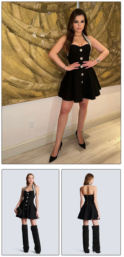 Luxury Diamond Halter Sleeveless Black Bandage A-Line Short Dress