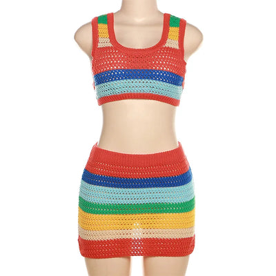 Knitted Rainbow Patchwork Mini Dress Women Casual Sleeveless Vestido