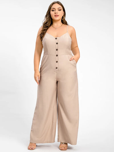 Plus Sized Jumpsuit with Pockets Sexy Button Front V-neck Cami  One Piece