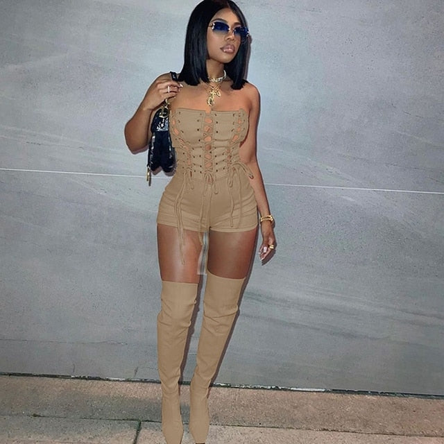 Lace Up Sexy Jumpsuit Women Club Outfits Elegant Romper Shorts
