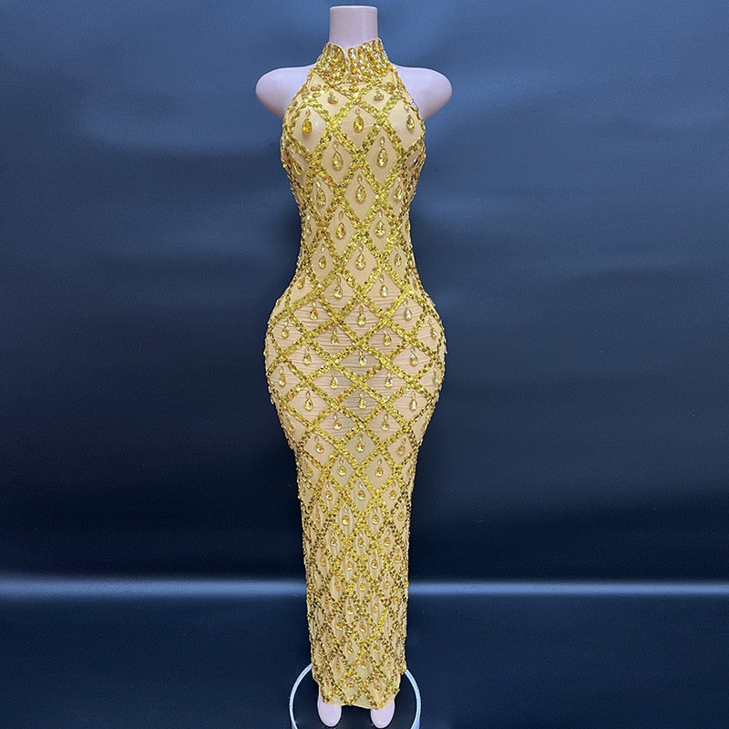 Shimmery long gold transparent dress