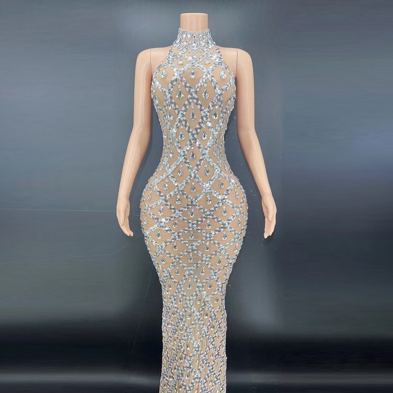 Sparkly Silver Big Rhinestone Transparent Long Dress Evening Dress -  ShapeBstar