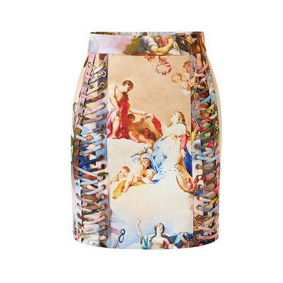 Women Slim Pencil Mini Vintage Printing Lace-up Skirt