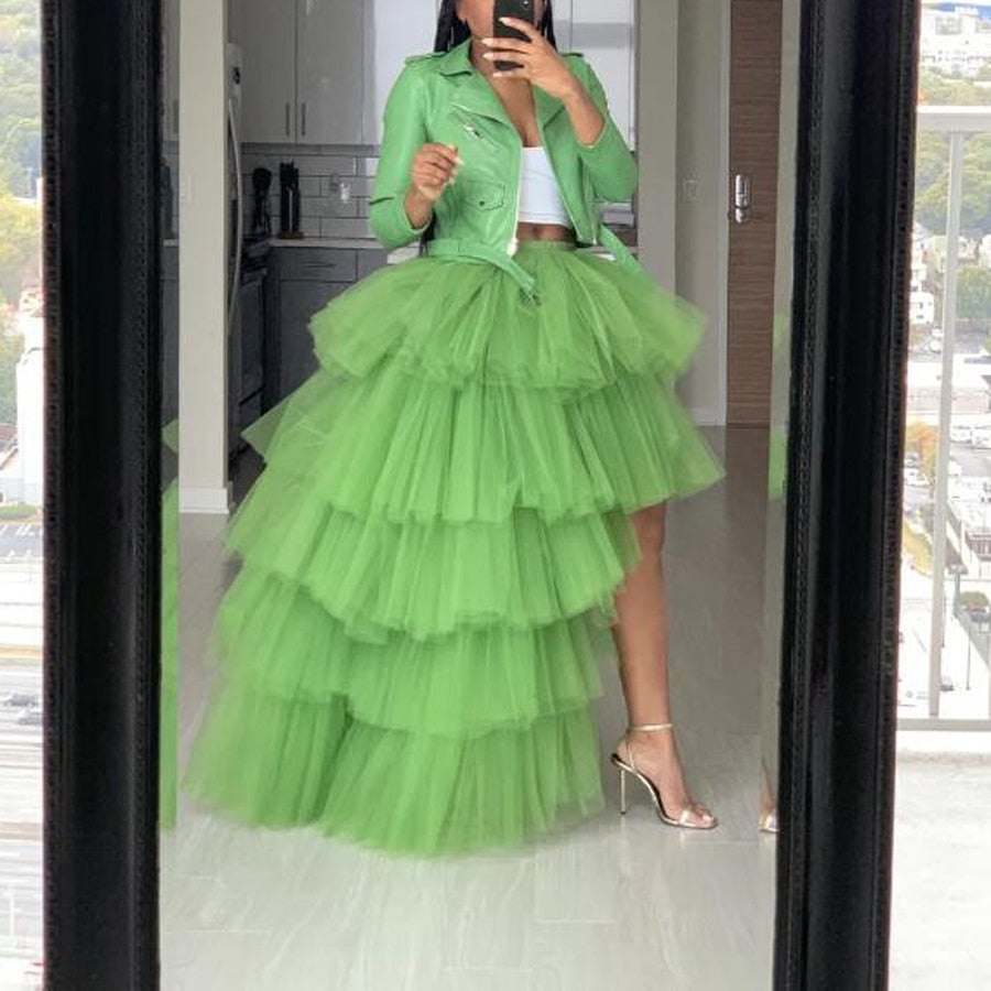 Ruffles Tiered High Low Tulle Skirts Women Elastic Custom Made Long Pu ShapeBstar